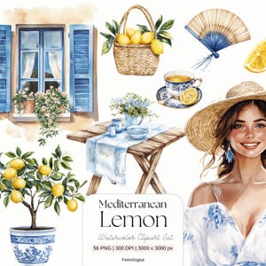 Watercolor Lemon Clipart Set, Mediterranean Lemon Clipart, Lemon Digital Print, Lemon Sticker Set, Digital Art, Digital Download