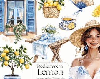 May include: Watercolor clipart set featuring a Mediterranean theme with lemons. The image includes a woman, a table setting, a lemon tree, a basket of lemons, a fan, and a teacup. The color palette is primarily blue and yellow. The text on the image says "Mediterranean Lemon Watercolor Clipart Set".