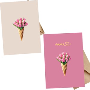 Carte de voeux imprimable 10 tulipes cornet de crème glacée, téléchargement numérique, fête des mères, anniversaire, Pâques et impression de remerciement, conception amusante, amateur de tulipes