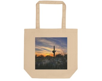 Milieuvriendelijke draagtas - biologische katoenen keperstof - zonsondergang op een Saguaro-cactus Woestijnlandschapfotografie