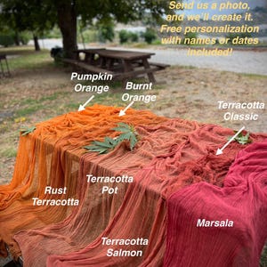 Fall Wedding Table Runner – Hand Dyed Cheesecloth in Burnt Orange, Rust Terracotta, Pumpkin, Sage Green, Olive Mustard & Rustic Autumn Color