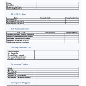 New Hire Coaching Template | 30-60-90 Day Goals, Skill-Building Checklist & Feedback Log | Supervisor Coaching Tool