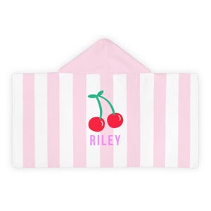 Kids Hooded Towel, Custom Kids Towel, Personalized Kids Towel, Pink Striped Kids Towel, Kids Beach Towel, Kids Bath Towel, Cherry Towel