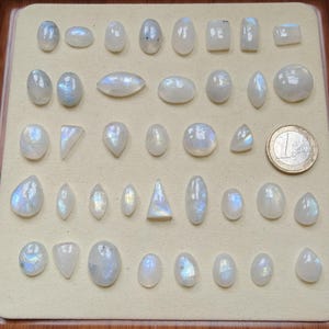 Pode incluir: Uma coleção de pedras preciosas de pedra da lua polidas em várias formas, incluindo ovais, lágrimas e quadrados. As pedras exibem uma cor branca leitosa com flashes iridescentes azuis e arco-íris. Uma moeda de euro está incluída para referência de tamanho.