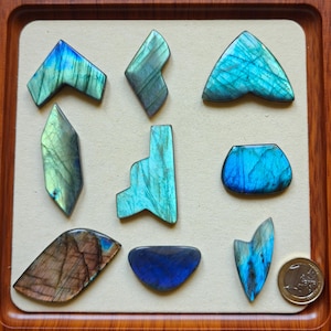 Pode incluir: Nove pedras preciosas de labradorite polidas em várias formas, incluindo triângulos e formas abstratas, exibidas numa superfície bege dentro de uma bandeja de madeira. As pedras exibem tons iridescentes azuis, verdes e castanhos, com uma moeda de euro para comparação de tamanho.