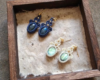 Handmade Earrings with Labradorite - boho macrame jewelry – Custom Color Options