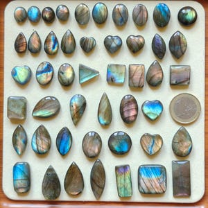 Può includere: Una collezione di pietre preziose di labradorite lucidata in varie forme, tra cui ovali, gocce, cuori e quadrati. Le pietre mostrano lampi iridescenti di blu, verde e oro. Una moneta da euro è inclusa come riferimento delle dimensioni.