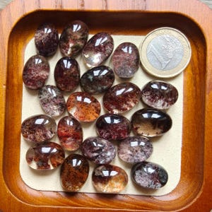 Può includere: Una collezione di gemme ovali lucide, con inclusioni interne, esposte in un vassoio di legno. Le pietre variano di colore, mostrando sfumature di rosso, marrone e quarzo trasparente. Una moneta da euro è inclusa per riferimento. Le gemme sono disposte su una superficie color crema.