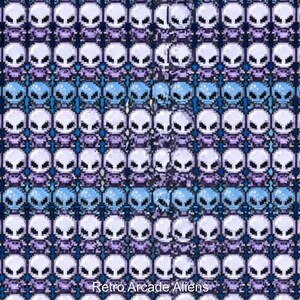 May include: A repeating pattern of pixelated aliens in white, blue, and purple. The aliens have large heads and small bodies. The text "Retro Arcade Aliens" is at the bottom of the image.
