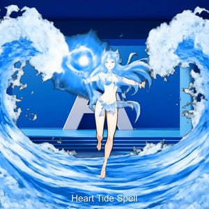 May include: An anime-style illustration of a female figure in a blue bikini, surrounded by stylized blue waves. The figure is holding a glowing blue orb. The text "Heart Tide Spell" is at the bottom of the image.