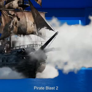 Puede incluir: Ilustración digital de un barco pirata navegando entre nubes. El barco es oscuro con velas rasgadas, cañones y un mástil alto. El texto "Pirate Blast 2" está en la parte inferior de la imagen.
