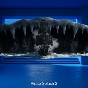 May include: A black pirate ship sails through a large wave with sharp, icicle-like formations. The scene is set in a blue room with the text "Pirate Splash 2" at the bottom.