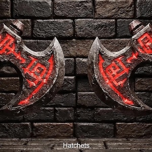 Op de afbeelding: Twee bijlen met donkere houten handvatten en zilveren bladen. De bladen hebben een rood gloeiend ontwerp. De bijlen staan tegen een donkere bakstenen muur. Het woord "Hatchets" staat onderaan.