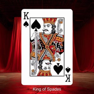 以下が含まれることがあります： スペードのキングが描かれたトランプ。カードは白い背景で、左上と右下の角に黒いスペードのシンボルがあります。王は赤と金色の衣装を着て、王笏を持っています。