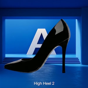 以下が含まれることがあります： 光沢のある黒いスティレットヒールシューズ。ハイヒールは、白い文字「A」とテキスト「High Heel 2」が付いた青い背景に設定されています。靴はポインテッドトゥと細いヒールを備えています。
