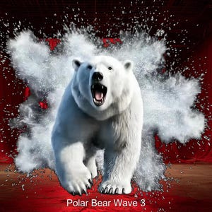 May include: A digitally rendered image of a polar bear emerging from a cloud of white vapor. The bear is white with an open mouth, set against a backdrop of red curtains and a wooden floor. Text at the bottom reads "Polar Bear Wave 3".