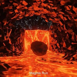 Peut inclure: Une image numérique d'une grotte de feu avec de la lave en fusion et un rocher flottant. Les murs sont faits de formations rocheuses rouge foncé et déchiquetées. Le texte "Magma Run" est en bas.