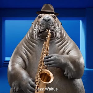 May include: A large walrus wearing a fedora hat, holding a gold saxophone. The walrus is gray with a long white mustache and is set against a blue background. The text "Jazz Walrus" is at the bottom.