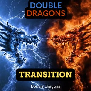 Könnte beinhalten: Digitales Kunstwerk mit zwei Drachen, die sich gegenüberstehen. Einer ist blau mit Blitzen, der andere orange mit Flammen. Der Text lautet "DOUBLE DRAGONS" und "TRANSITION".