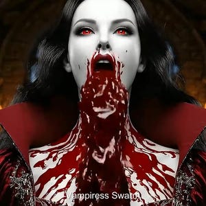 May include: A digital illustration of a vampire with pale skin, red eyes, and long black hair. Blood is pouring from the vampire's mouth and down their neck. The vampire is wearing a red and black outfit. The text "Vampiress Swati" is at the bottom.