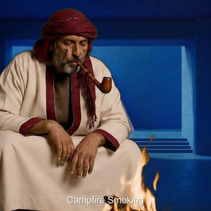 Peut inclure: Une personne portant un turban rouge et une robe crème avec des bordures bordeaux, fumant une pipe. L'image comprend le texte "Campfire Smoking" en bas, avec un fond bleu et un feu au premier plan.