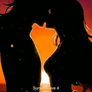 May include: Silhouette of two figures embracing, set against a vibrant orange and red sunset. The image features long hair and a tender moment, with the text "Sunset Love 4" at the bottom. The overall theme is romance and affection.