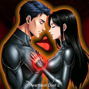 Op de afbeelding: Digitale illustratie van een stel in zwarte futuristische outfits, gezichten dicht bij elkaar, met een rode gloed ertussen. De tekst "Heartbeat Duet 2" staat onderaan. De achtergrond heeft rode gordijnen.