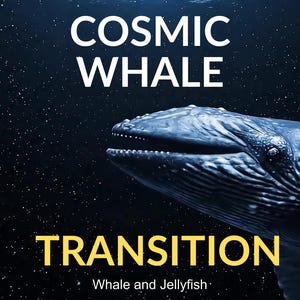 Peut inclure: Illustration numérique d'une baleine dans un espace étoilé. La baleine est bleu foncé avec des taches blanches. Les mots "COSMIC WHALE" sont en blanc en haut et "TRANSITION" en jaune en bas. Le texte "Whale and Jellyfish" est également présent.