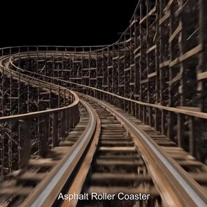 Może przedstawiać: Drewniany tor kolejki górskiej zakręca w powietrzu na czarnym tle. Tor wykonany jest z brązowego drewna i metalowych szyn. Tekst "Asphalt Roller Coaster" znajduje się na dole.