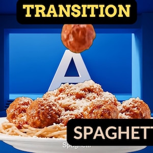 Può includere: Un piatto di spaghetti con polpette, cosparso di formaggio grattugiato. L'immagine include la parola "TRANSITION" in alto e "SPAGHETTI" in basso. Lo sfondo è una sfumatura blu con una "A" bianca.