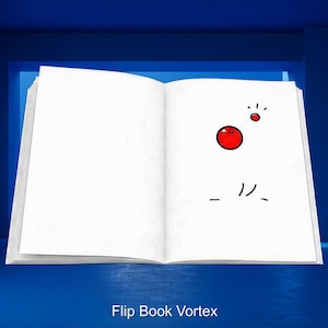 Puede incluir: Un libro abierto con páginas blancas en blanco, con un sencillo dibujo de dibujos animados de un círculo rojo con dos puntos rojos más pequeños encima y unas líneas negras debajo. El texto "Flip Book Vortex" está en la parte inferior.