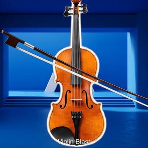 May include: A wooden violin with a bow, set against a blue background. The violin has a warm, brown finish with black strings and a black chin rest. The bow is angled across the instrument. The text "Violin Blast" is at the bottom.