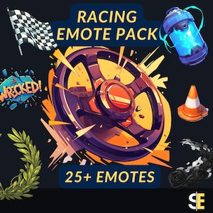 May include: Digital art featuring racing-themed emotes. Includes a checkered flag, a steering wheel, a blue energy drink, a traffic cone, a tire, a laurel wreath, and the word "Wrecked!". The text "Racing Emote Pack" and "25+ Emotes" are also present.