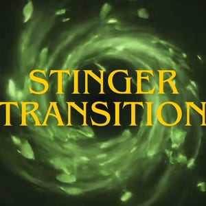 May include: A digital graphic with the words "STINGER TRANSITION" in gold lettering. The text is centered over a swirling green vortex with white particles against a dark background. The overall theme is related to digital effects.