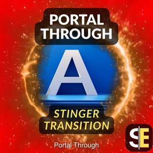 Puede incluir: Gráfico digital con las palabras "PORTAL THROUGH" y "STINGER TRANSITION" en blanco sobre rectángulos negros. Una gran "A" blanca está centrada sobre un fondo azul, rodeada por un círculo naranja brillante sobre un fondo rojo.