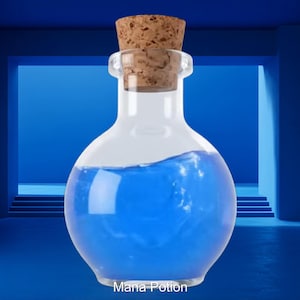 May include: A clear glass bottle with a cork stopper, filled with blue liquid. The bottle has a rounded shape and the liquid inside has a wavy appearance. The text "Mana Potion" is at the bottom of the image.