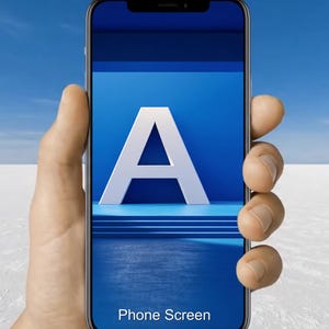 Può includere: Uno smartphone mostra uno schermo blu con la lettera bianca "A". Il telefono è tenuto contro un cielo blu brillante e un paesaggio bianco e piatto. Le parole "Phone Screen" sono in basso.