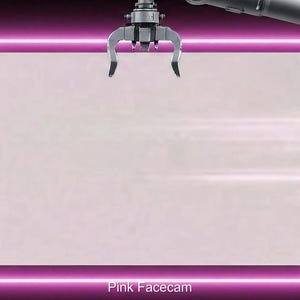 May include: A pink-bordered rectangle with a light pink interior is centered against a black background. A robotic arm with a claw-like gripper hovers above the rectangle. The text "Pink Facecam" is at the bottom.