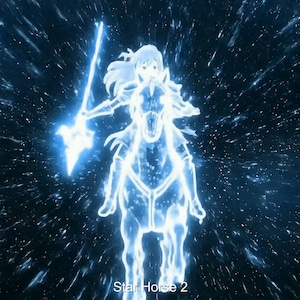 May include: A glowing blue illustration of a figure on horseback, wielding a sword, against a dark, starry background. The image is labeled "Star Horse 2" at the bottom. The figure and horse are outlined in bright blue.