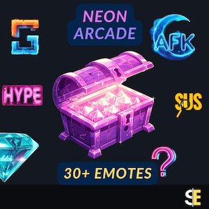 Könnte beinhalten: Digitale Illustration mit einer lila Schatzkiste, die mit leuchtenden Edelsteinen überquillt. Um die Truhe herum befinden sich Neon-Texte mit der Aufschrift "NEON ARCADE", "HYPE", "AFK", "SUS" und "30+ EMOTES". Ein blauer Diamant und ein Fragezeichen sind ebenfalls vorhanden.