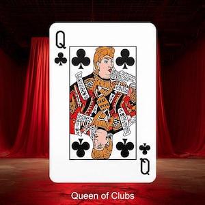 以下が含まれることがあります： トランプのクラブの女王が、赤いカーテンを背景に中央に配置されています。カードには、金と赤の衣装を着た女王の詳細なイラストが描かれており、スートのシンボルとコーナーの文字「Q」が描かれています。