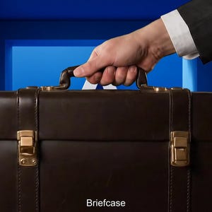 May include: A brown leather briefcase with gold-colored hardware, including corner protectors and clasps. The briefcase is being held by a person wearing a suit. The word "Briefcase" is written at the bottom.