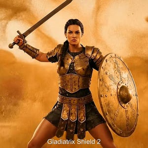 May include: A woman in gold armour, holding a sword and shield, stands in a desert-like environment. The image has the text "Gladiatrix Shield 2" at the bottom. The armour and shield have a metallic appearance.