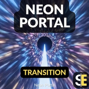 Peut inclure: Graphique numérique représentant un effet de portail néon. L'image présente un design en forme de tunnel avec un cercle central sombre et une source de lumière vive. Le texte comprend "NEON PORTAL" et "TRANSITION".