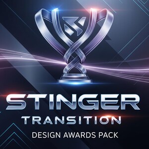 May include: A silver trophy with a stylized design, set against a dark background with glowing lines. The text "STINGER TRANSITION DESIGN AWARDS PACK" is displayed in bold, metallic lettering, suggesting a design competition.