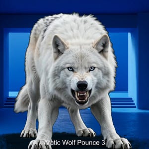May include: An arctic wolf with thick white fur and grey markings, shown in a pouncing stance with bared teeth and focused blue eyes. The wolf is positioned against a solid blue background, with the text Arctic Wolf Pounce 3 at the bottom.