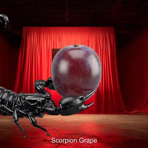 May include: A glossy black scorpion sculpture holding a large, ripe purple grape. The background features red curtains and a wooden floor. The text "Scorpion Grape" is at the bottom.