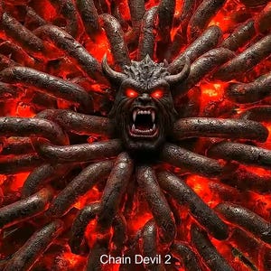 May include: Digital artwork of a demonic face with glowing red eyes and an open mouth, encircled by dark, rusty chains. The background is a fiery red, creating a hellish scene. The text "Chain Devil 2" is at the bottom.