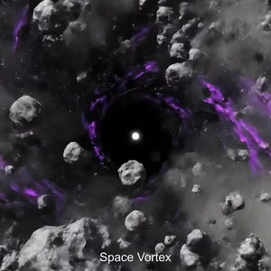 以下が含まれることがあります： 宇宙の渦を描いたデジタルアート。中央にはブラックホールがあり、紫色の渦巻くエネルギーと浮遊する灰色の岩に囲まれています。「Space Vortex」の文字が画像の下部にあります。