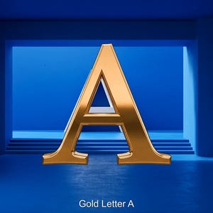 Pode incluir: Uma letra maiúscula A tridimensional com um acabamento metálico dourado polido. A letra apresenta bordas nítidas e limpas e uma superfície reflexiva, posicionada centralmente contra um fundo arquitetônico azul profundo com degraus.